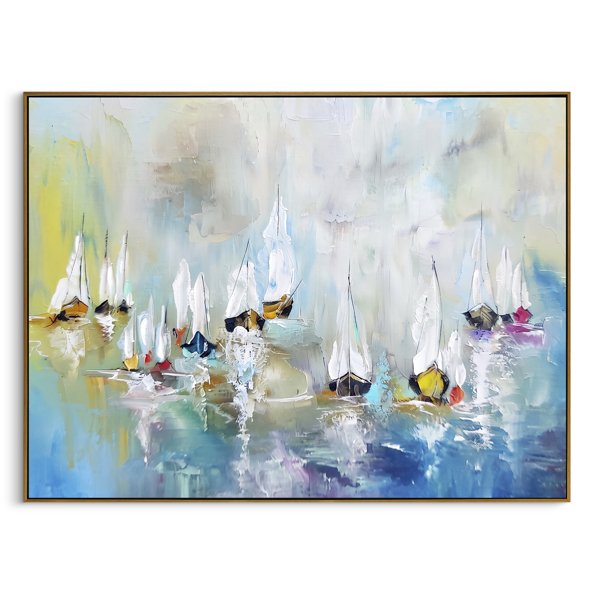 "Pastel Sailboats Harbor Painting" - Modern Heavy Impasto Coastal Landscape | Blue & White Palette Knife Painting | Luxury Horizontal Wall Art #PT 1102