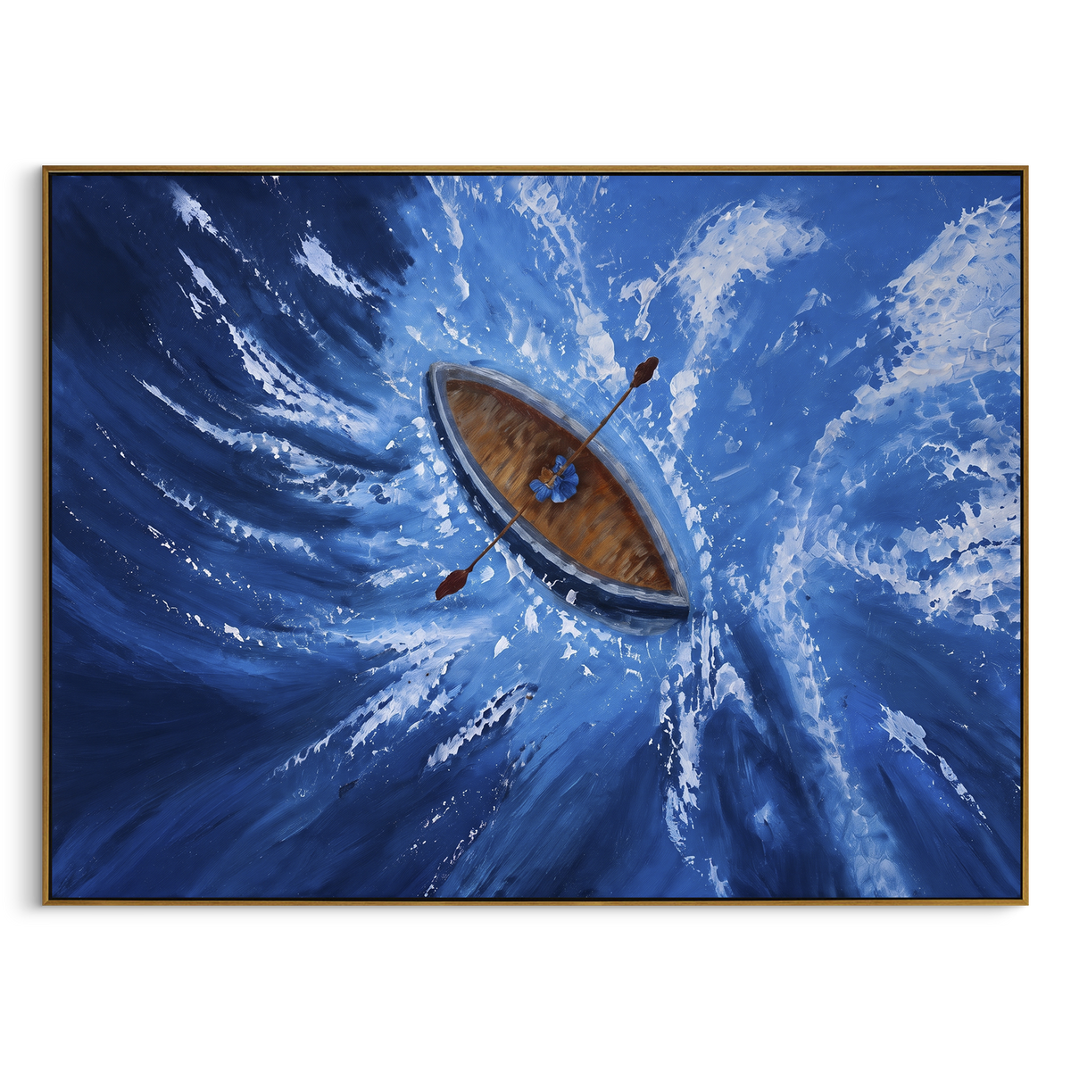 "Blue Rowboat Wave Painting" - Modern Heavy Impasto Coastal Landscape | Blue & White Palette Knife Painting | Luxury Horizontal Wall Art #PT 1103