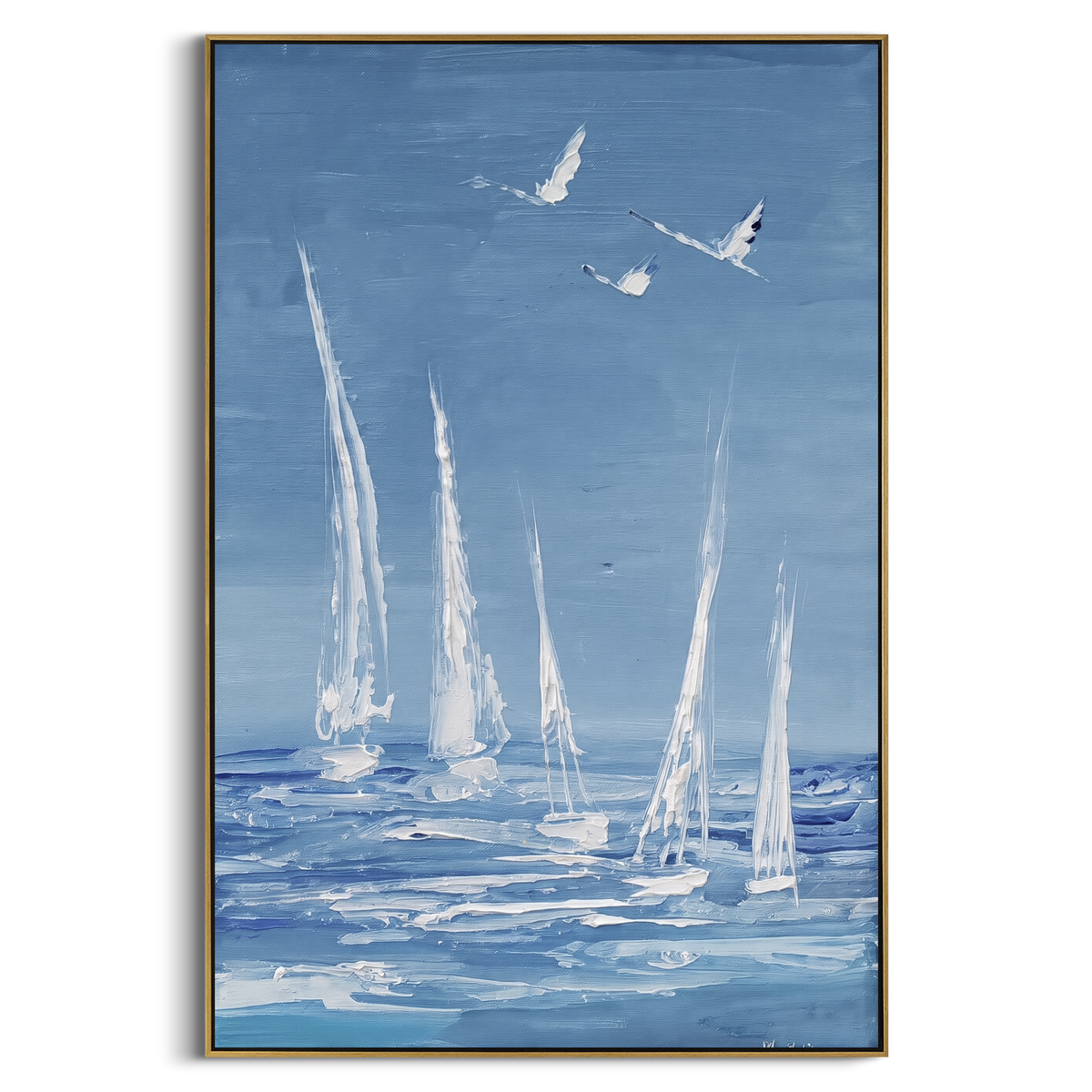 "White Sailboats Blue Seascape Painting" - Modern Heavy Impasto Coastal Landscape | Blue & White Palette Knife Painting | Luxury Vertical Wall Art #PT 1104