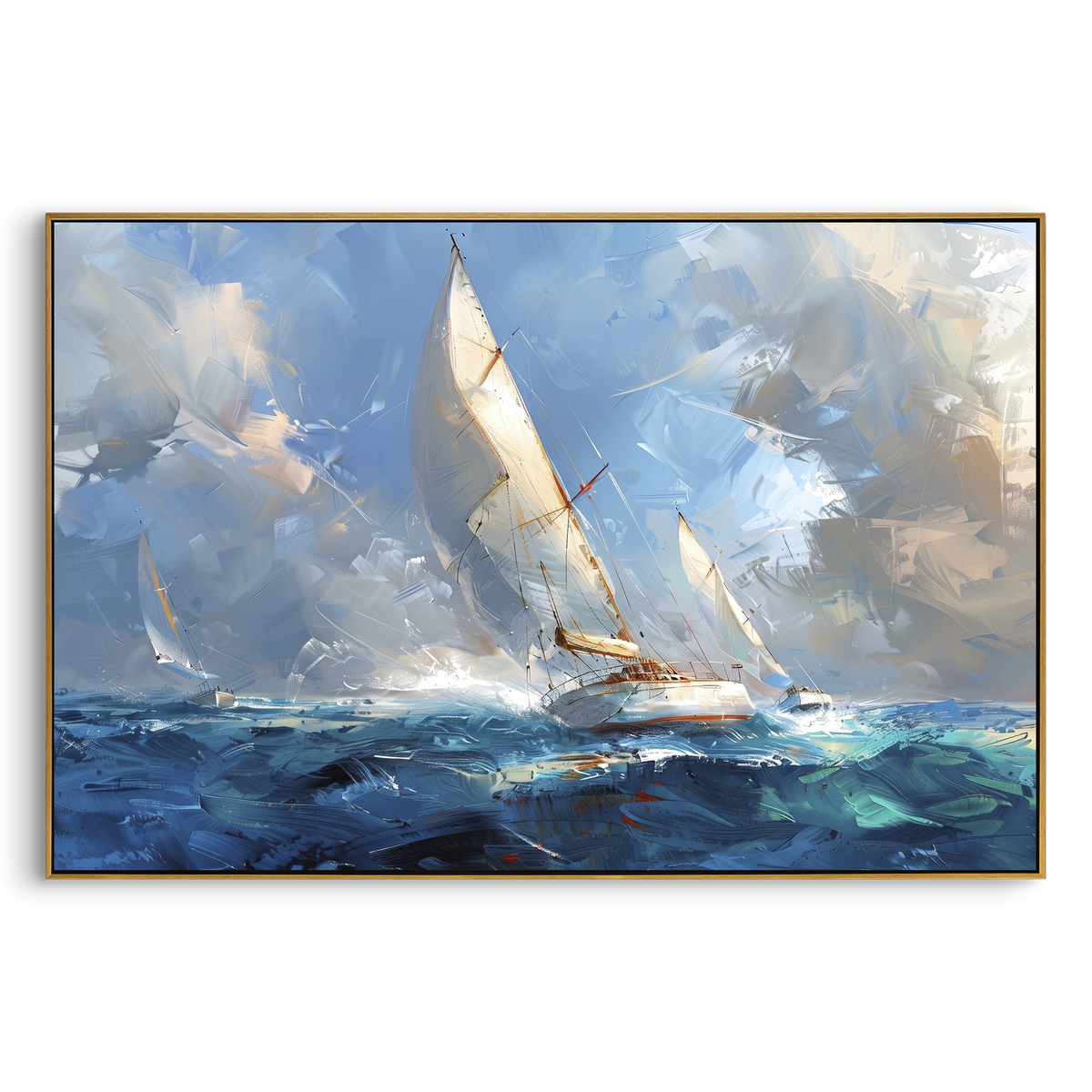 "Windy Sailboats Ocean Painting" - Modern Heavy Impasto Coastal Landscape | Blue & White Palette Knife Painting | Luxury Horizontal Wall Art #PT 1105