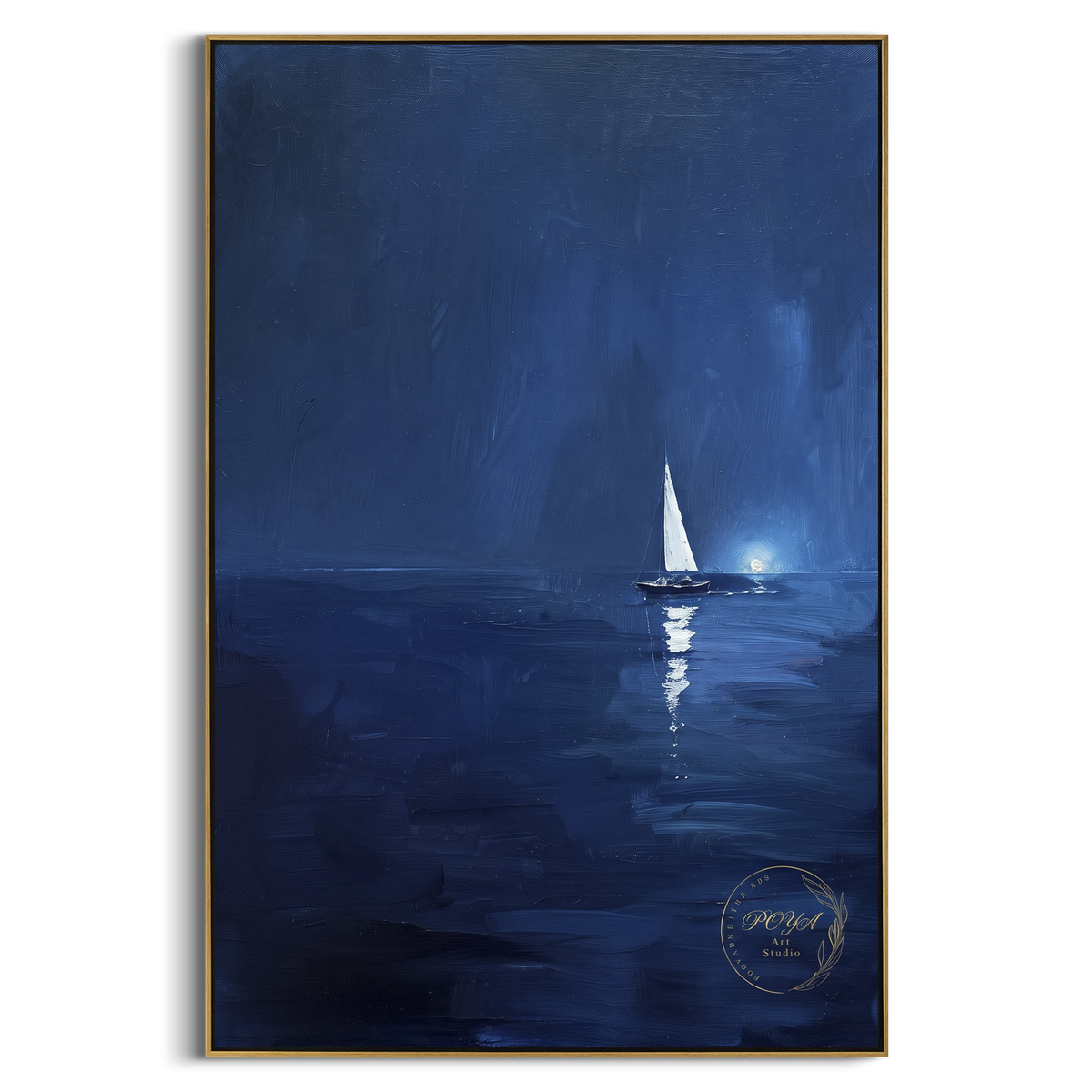"Navy Nocturne Sailboat Painting" - Modern Heavy Impasto Coastal Landscape | Blue & White Palette Knife Painting | Luxury Vertical Wall Art #PT 1106