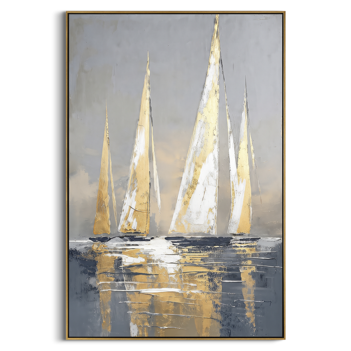 "Gold White Sailboats Painting" - Modern Heavy Impasto Coastal Landscape | Golden & White Palette Knife Painting | Luxury Vertical Wall Art #PT 1107