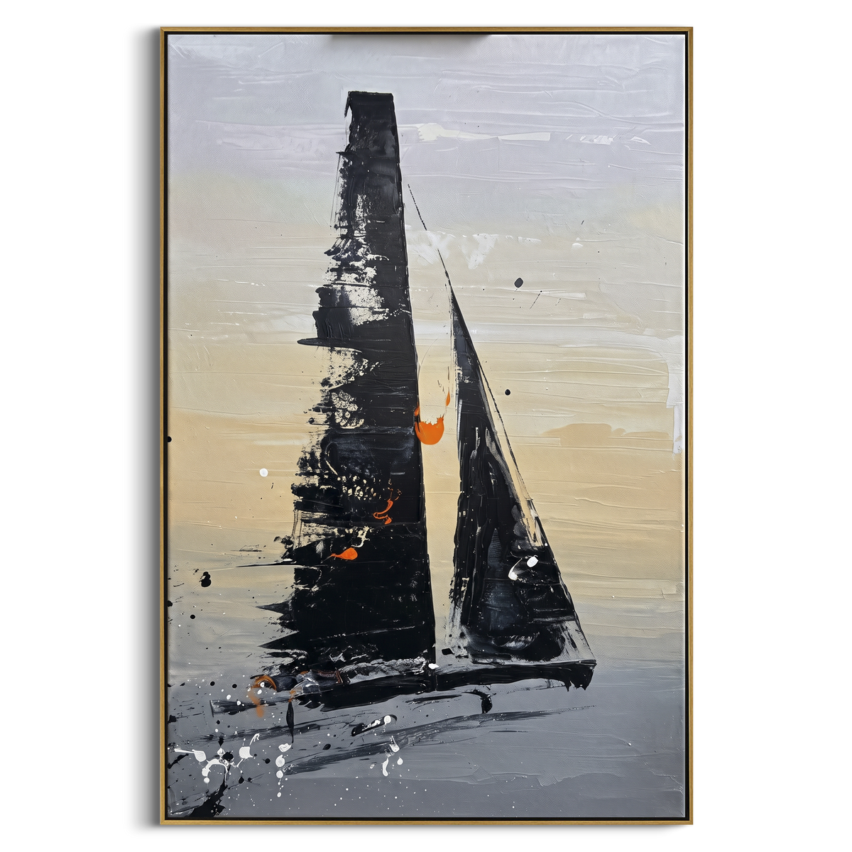 "Black Sailboats Abstract Painting" - Modern Heavy Impasto Coastal Landscape | Black & Grey Palette Knife Painting | Luxury Vertical Wall Art #PT 1108