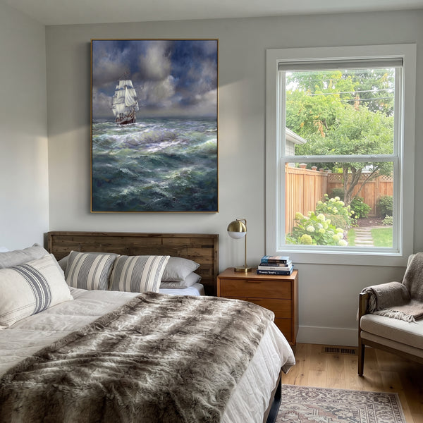 "Stormy Tall Ship Seascape Painting" - Modern Heavy Impasto Coastal Landscape | Grey & White Palette Knife Painting | Luxury Vertical Wall Art #PT 1109