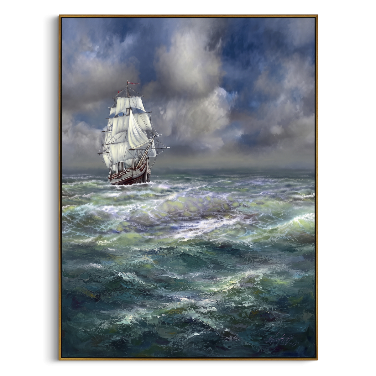 "Stormy Tall Ship Seascape Painting" - Modern Heavy Impasto Coastal Landscape | Grey & White Palette Knife Painting | Luxury Vertical Wall Art #PT 1109