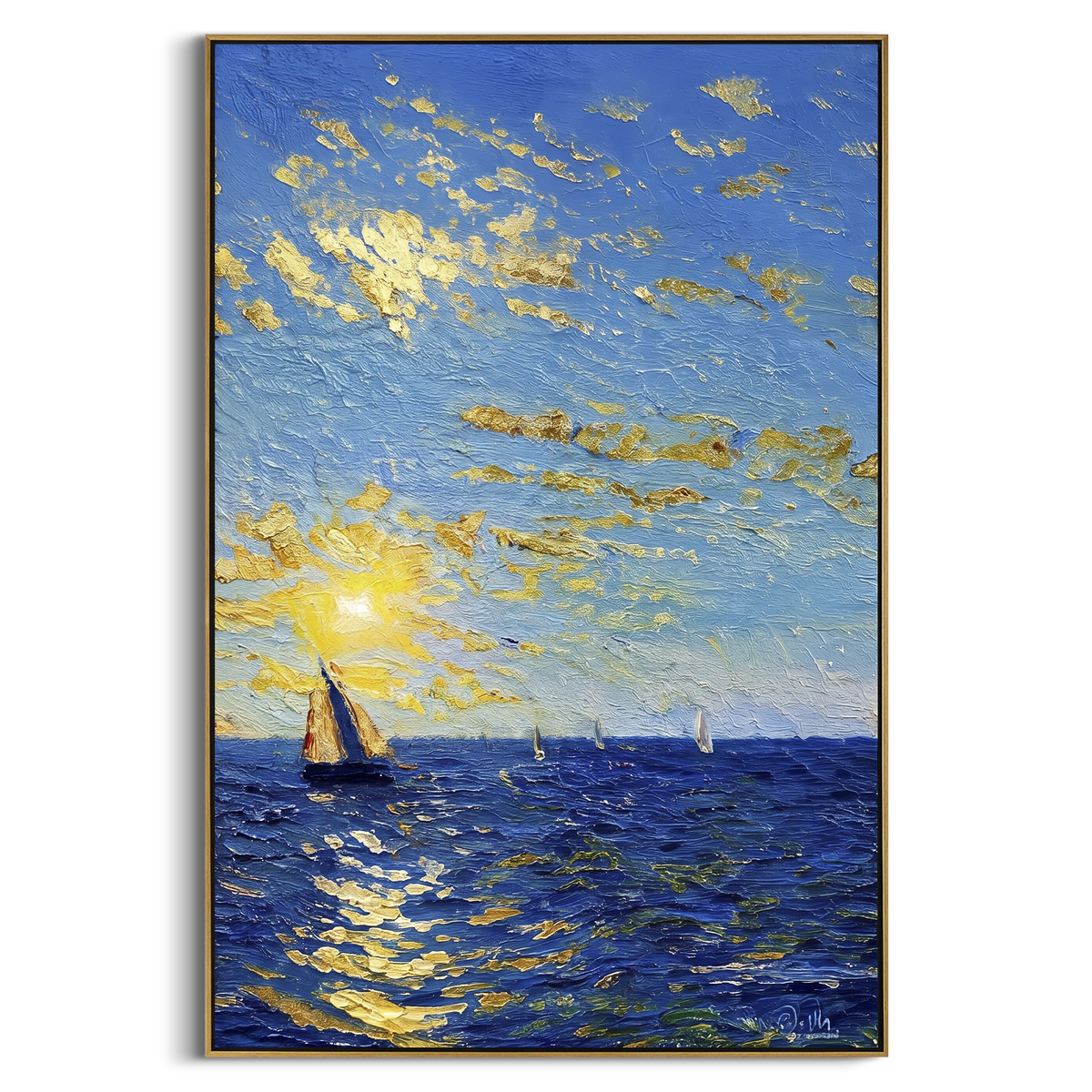 "Golden Sea Sailboats Painting" - Modern Heavy Impasto Coastal Landscape | Blue & Golden Palette Knife Painting | Luxury Vertical Wall Art #PT 1110