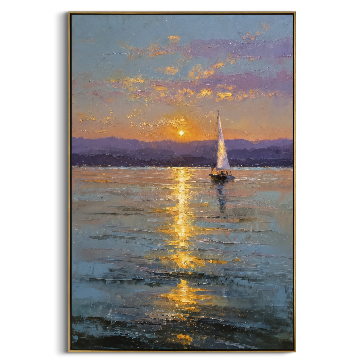 "Purple Sunset Sailboat Painting" - Modern Heavy Impasto Coastal Landscape | Purple & Golden Palette Knife Painting | Luxury Vertical Wall Art #PT 1111