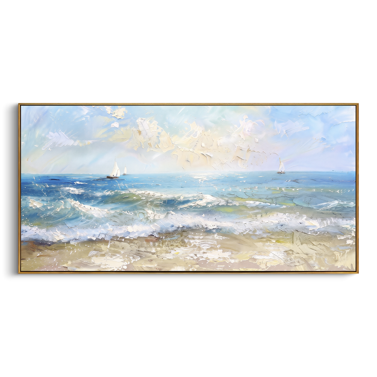 "Soft Beach Sailboats Painting" - Modern Heavy Impasto Coastal Landscape | Blue & White Palette Knife Painting | Luxury Horizontal Wall Art #PT 1112
