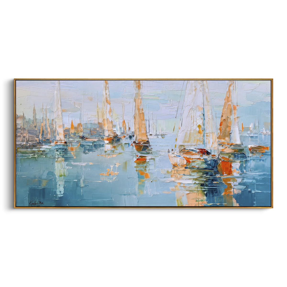"Pastel Marina Sailboats Painting" - Modern Heavy Impasto Coastal Landscape | Blue & White Palette Knife Painting | Luxury Horizontal Wall Art #PT 1113