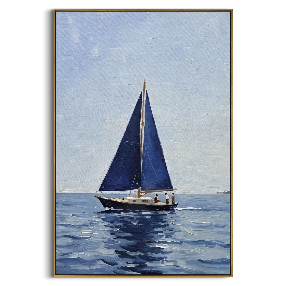 "Navy Sailboat Minimalist Painting" - Modern Heavy Impasto Coastal Landscape | Blue & White Palette Knife Painting | Luxury Vertical Wall Art #PT 1114