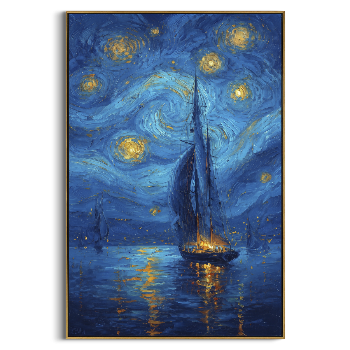 "Starry Night Sailboat Painting" - Modern Heavy Impasto Coastal Landscape | Blue & Golden Palette Knife Painting | Luxury Vertical Wall Art #PT 1115