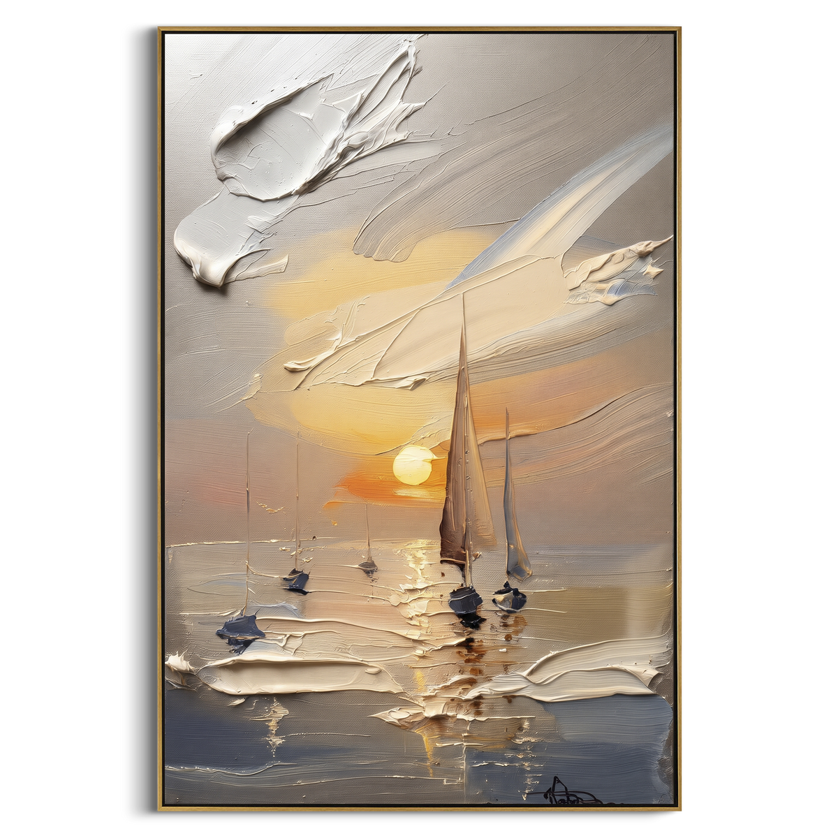 "Warm Sunset Sailboats Painting" - Modern Heavy Impasto Coastal Landscape | Beige & Golden Palette Knife Painting | Luxury Vertical Wall Art #PT 1116