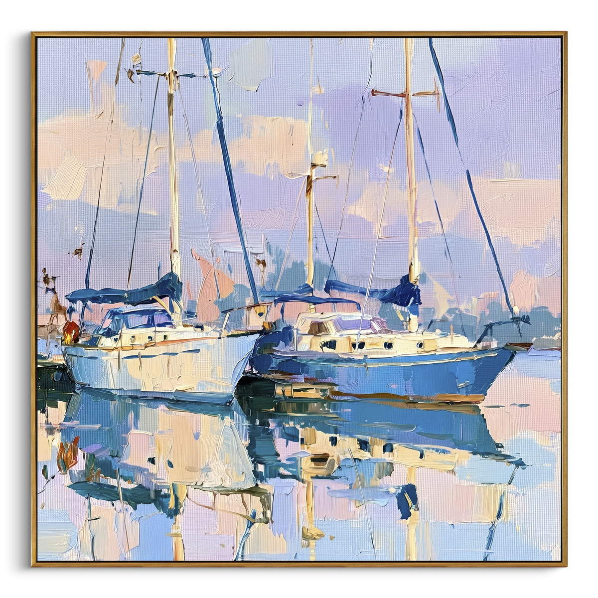 "Pastel Docked Sailboats Painting" - Modern Heavy Impasto Coastal Landscape | Blue & Pink Palette Knife Painting | Luxury Square Wall Art #PT 1117