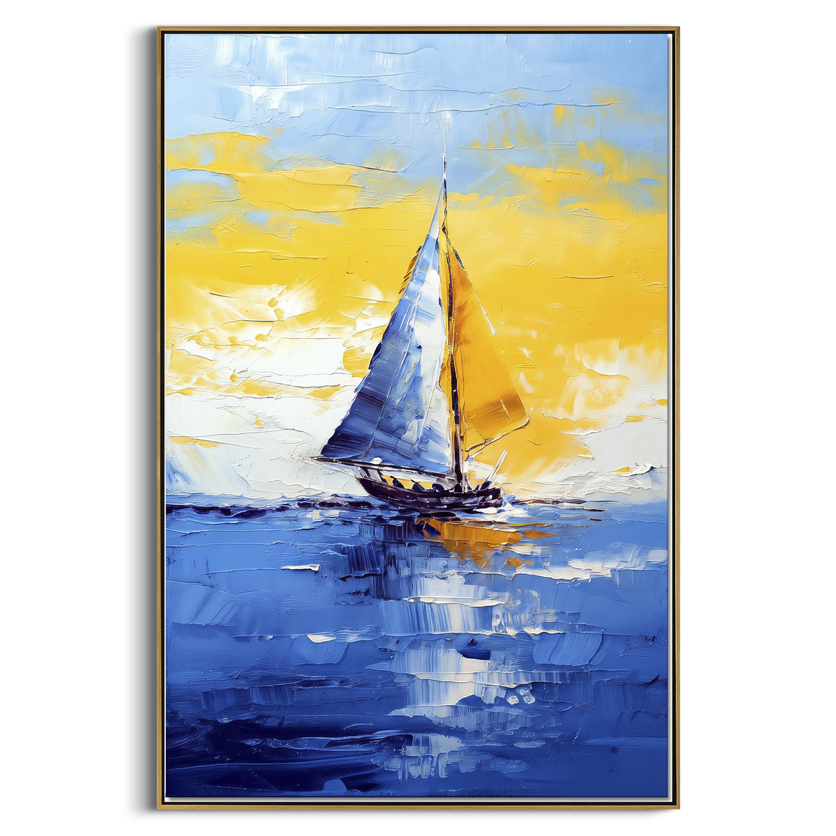 "Blue Yellow Sailboat Painting" - Modern Heavy Impasto Coastal Landscape | Blue & Yellow Palette Knife Painting | Luxury Vertical Wall Art #PT 1118