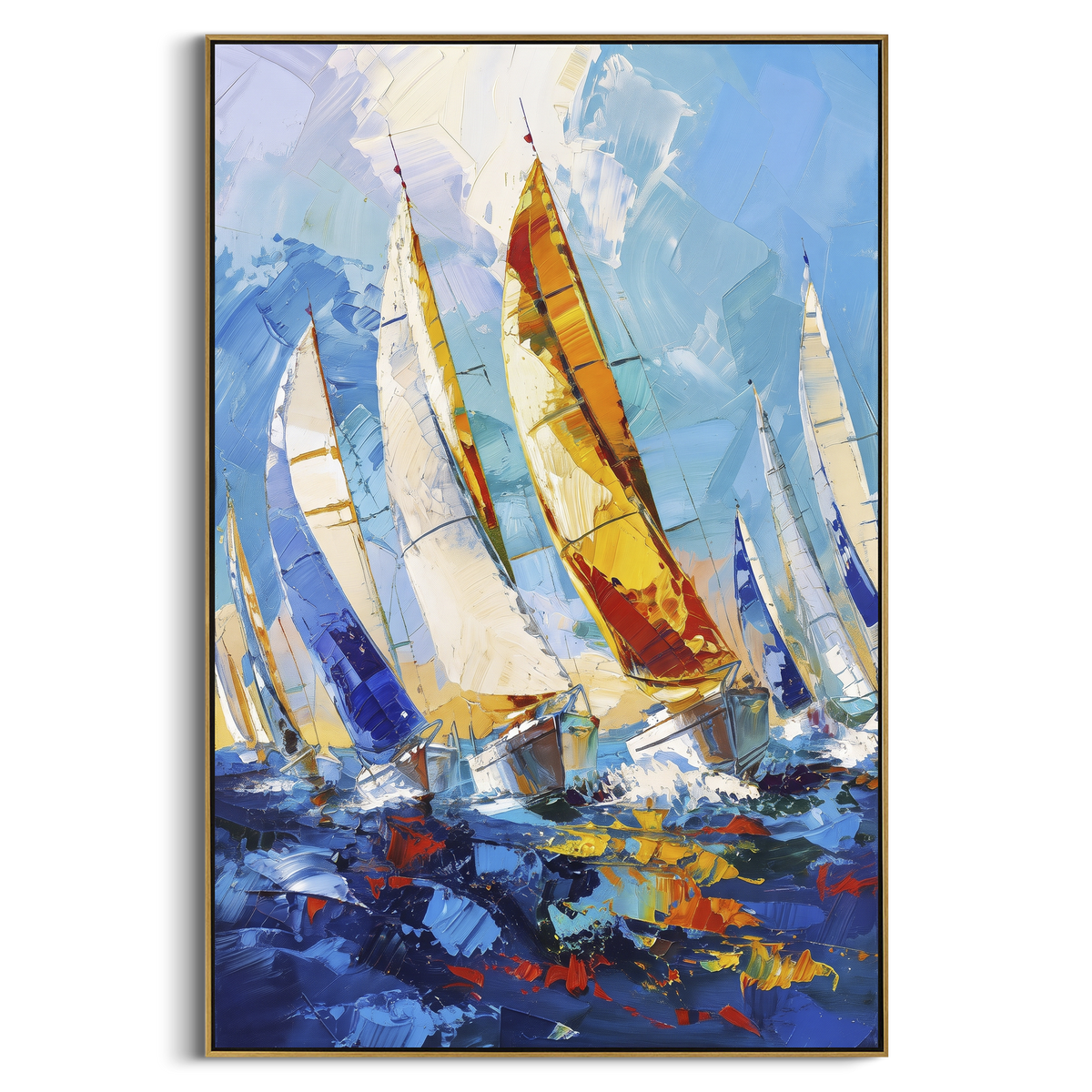 "Colorful Racing Sailboats Painting" - Modern Heavy Impasto Coastal Landscape | Blue & Yellow Palette Knife Painting | Luxury Vertical Wall Art #PT 1119