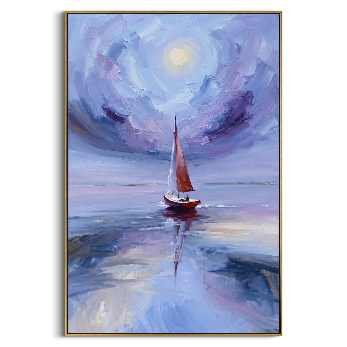 "Purple Moon Sailboat Painting" - Modern Heavy Impasto Coastal Landscape | Purple & Blue Palette Knife Painting | Luxury Vertical Wall Art #PT 1120