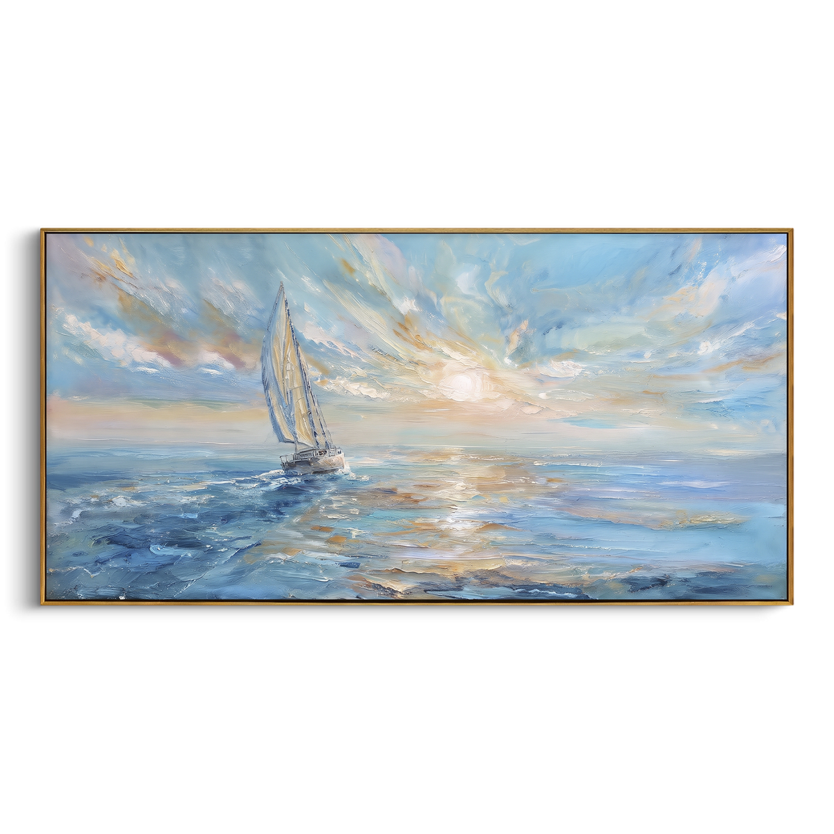 "Sunlit Ocean Sailboat Painting" - Modern Heavy Impasto Coastal Landscape | Blue & White Palette Knife Painting | Luxury Horizontal Wall Art #PT 1122