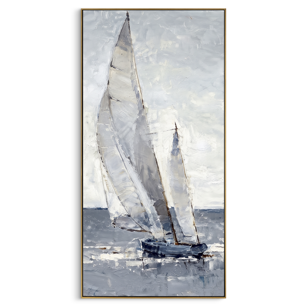 "Grey White Sailboat Painting" - Modern Heavy Impasto Coastal Landscape | Grey & White Palette Knife Painting | Luxury Wall Wall Art #PT 1123