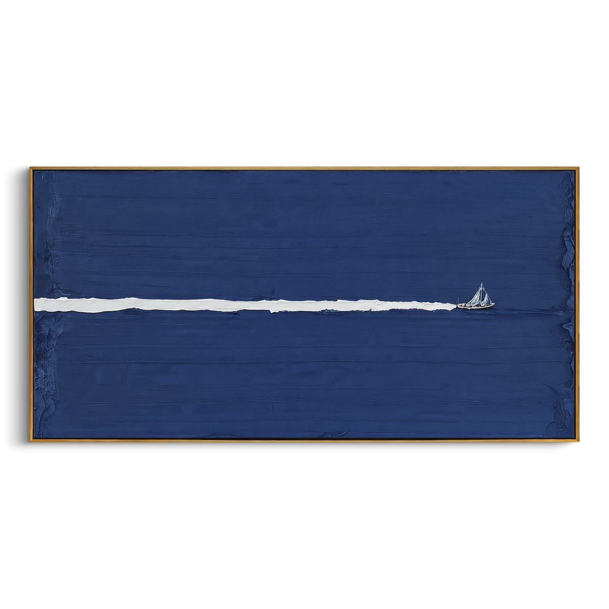 "Minimalist Navy Sailboat Painting" - Modern Heavy Impasto Coastal Landscape | Blue & White Palette Knife Painting | Luxury Horizontal Wall Art #PT 1124