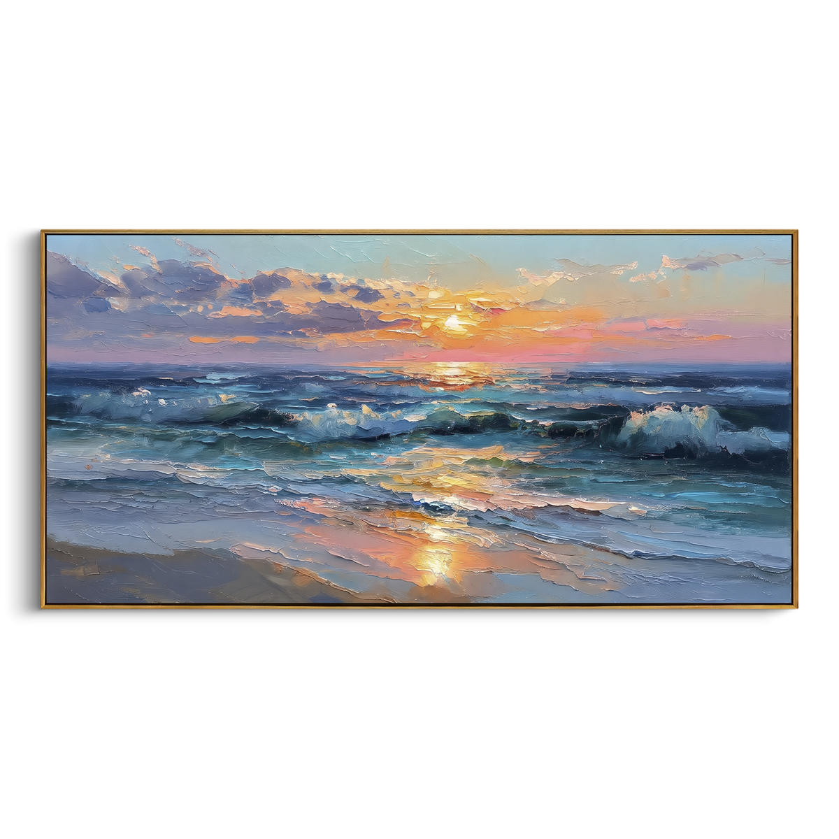 "Ocean Sunset Wave Painting" - Modern Heavy Impasto Coastal Landscape | Blue & Orange Palette Knife Painting | Luxury Horizontal Wall Art #PT 1125