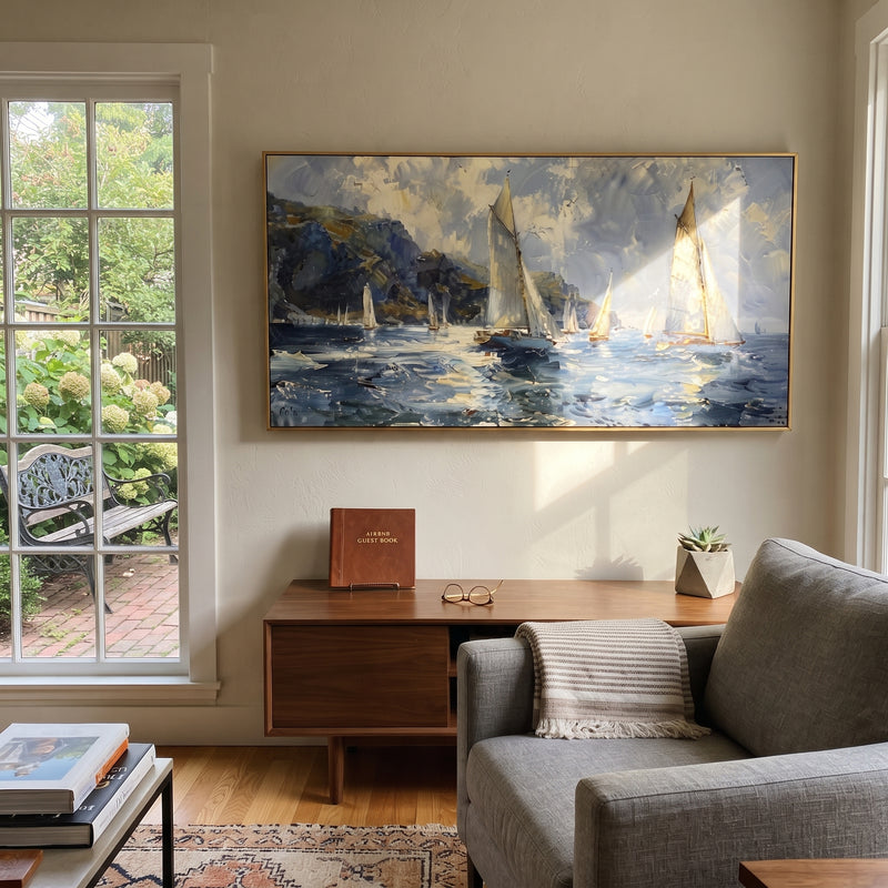 "Coastal Regatta Sailboats Painting" - Modern Heavy Impasto Coastal Landscape | Blue & White Palette Knife Painting | Luxury Horizontal Wall Art #PT 1126
