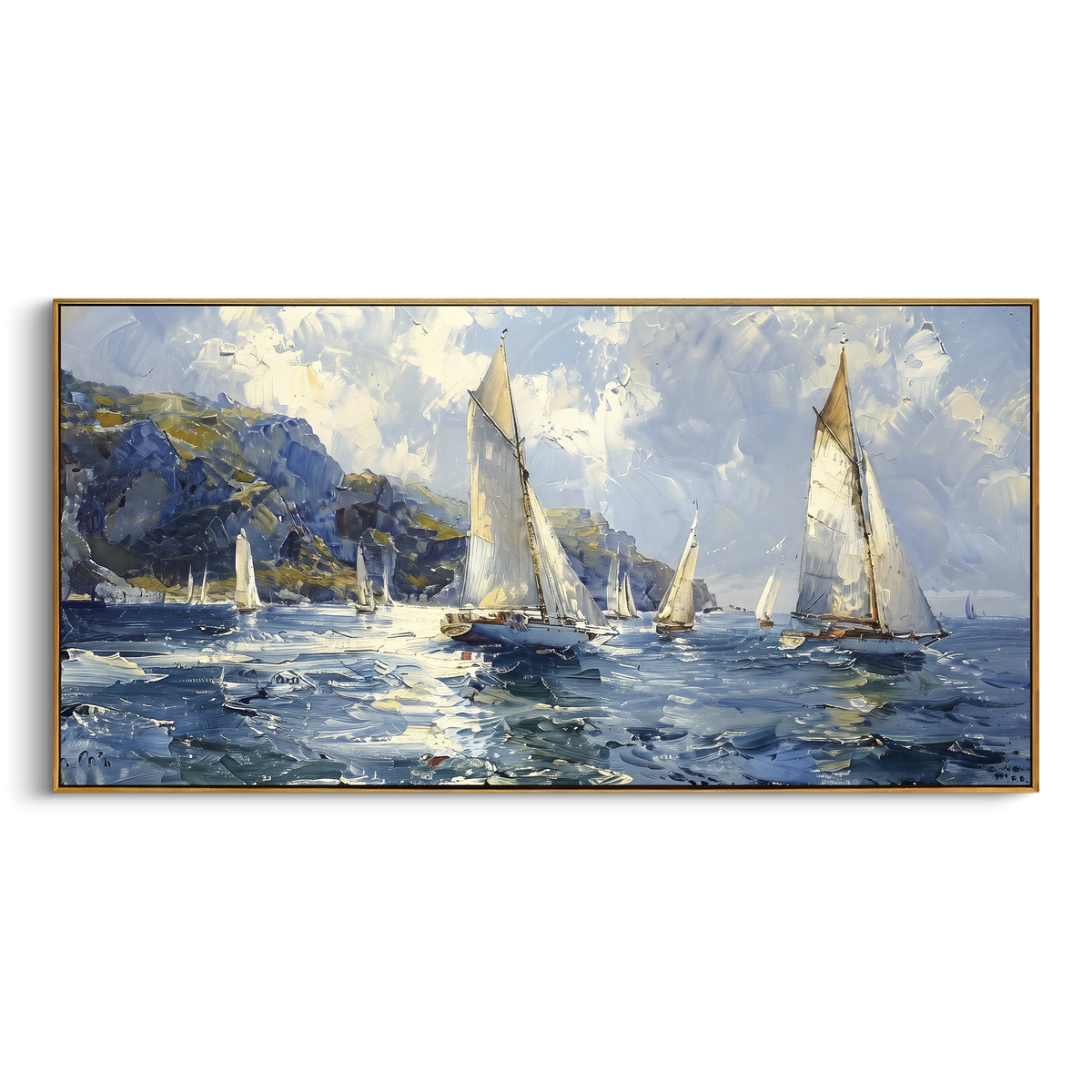 "Coastal Regatta Sailboats Painting" - Modern Heavy Impasto Coastal Landscape | Blue & White Palette Knife Painting | Luxury Horizontal Wall Art #PT 1126
