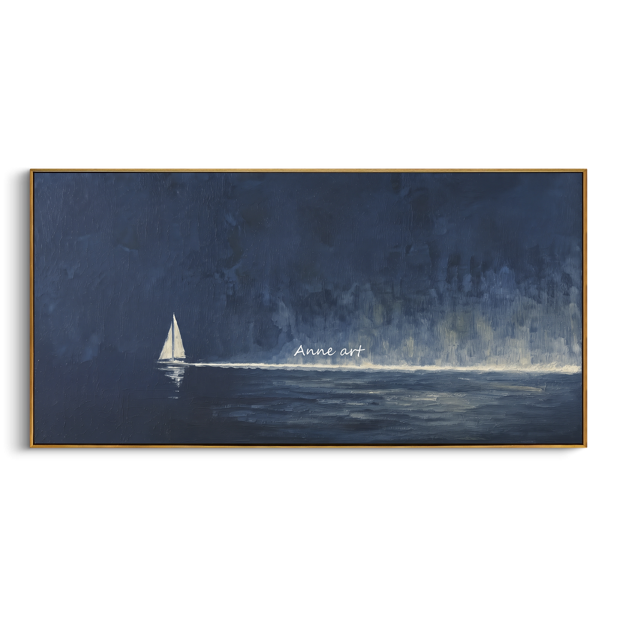 "Stormy Navy Sailboat Painting" - Modern Heavy Impasto Coastal Landscape | Blue & White Palette Knife Painting | Luxury Horizontal Wall Art #PT 1127