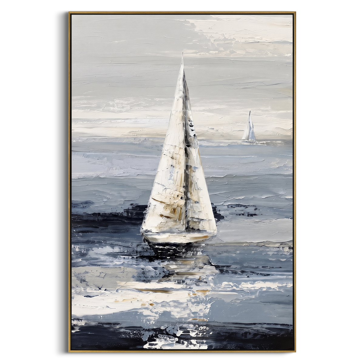 "Lone White Sailboat Painting" - Modern Heavy Impasto Coastal Landscape | Blue & White Palette Knife Painting | Luxury Vertical Wall Art #PT 1128