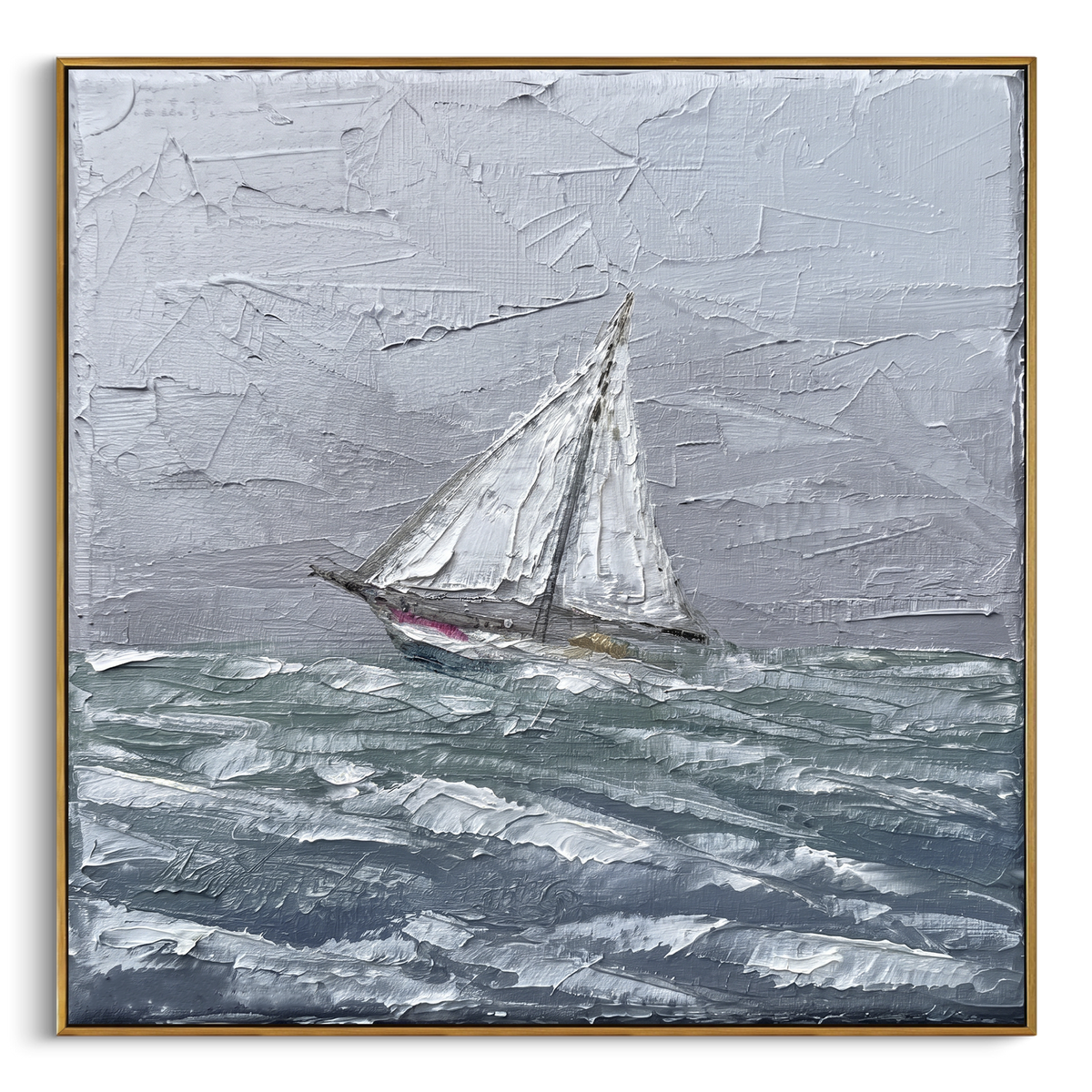 "Stormy Sailboat Waves Painting" - Modern Heavy Impasto Coastal Landscape | Blue & White Palette Knife Painting | Luxury Square Wall Art #PT 1129