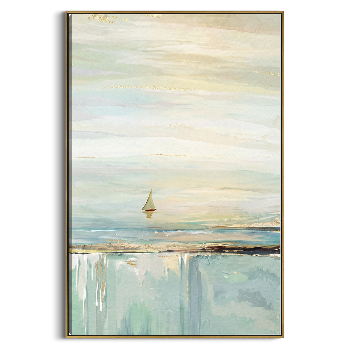 "Distant Sailboat Horizon Painting" - Modern Heavy Impasto Coastal Landscape | Blue & White Palette Knife Painting | Luxury Vertical Wall Art #PT 1130