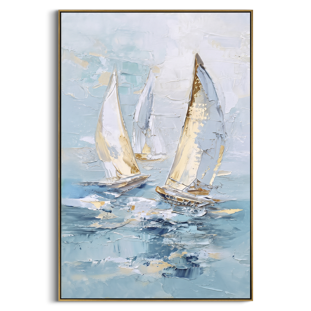 "Twin Sailboats Blue Seascape Painting" - Modern Heavy Impasto Coastal Landscape | Blue & White Palette Knife Painting | Luxury Vertical Wall Art #PT 1131