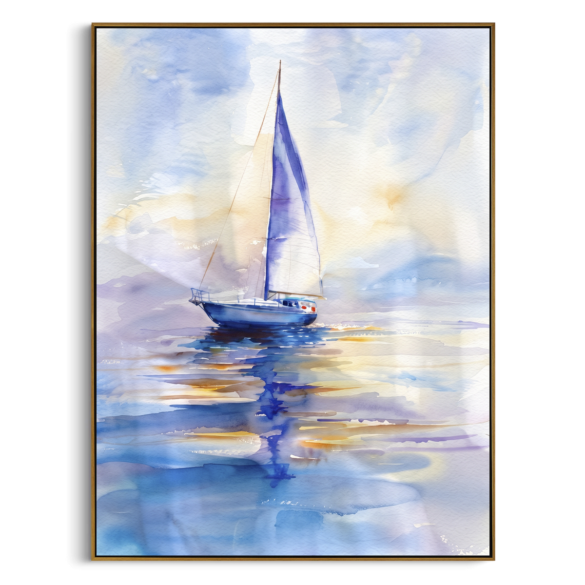 "Blue Sailboat Reflection Painting" - Modern Heavy Impasto Coastal Landscape | Blue & White Palette Knife Painting | Luxury Vertical Wall Art #PT 1132