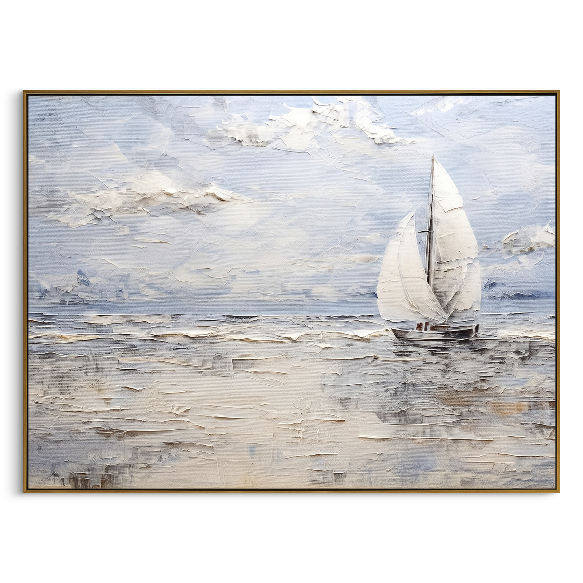 "White Sailboat Coastal Painting" - Modern Heavy Impasto Coastal Landscape | Blue & White Palette Knife Painting | Luxury Horizontal Wall Art #PT 1133