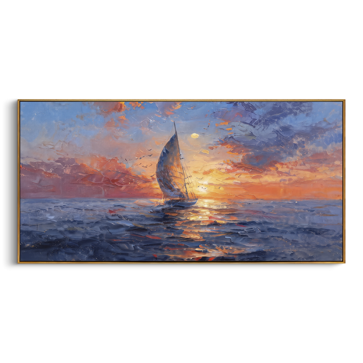 "Sunset Sailboat Seascape Painting" - Modern Heavy Impasto Coastal Landscape | Blue & White Palette Knife Painting | Luxury Horizontal Wall Art #PT 1134