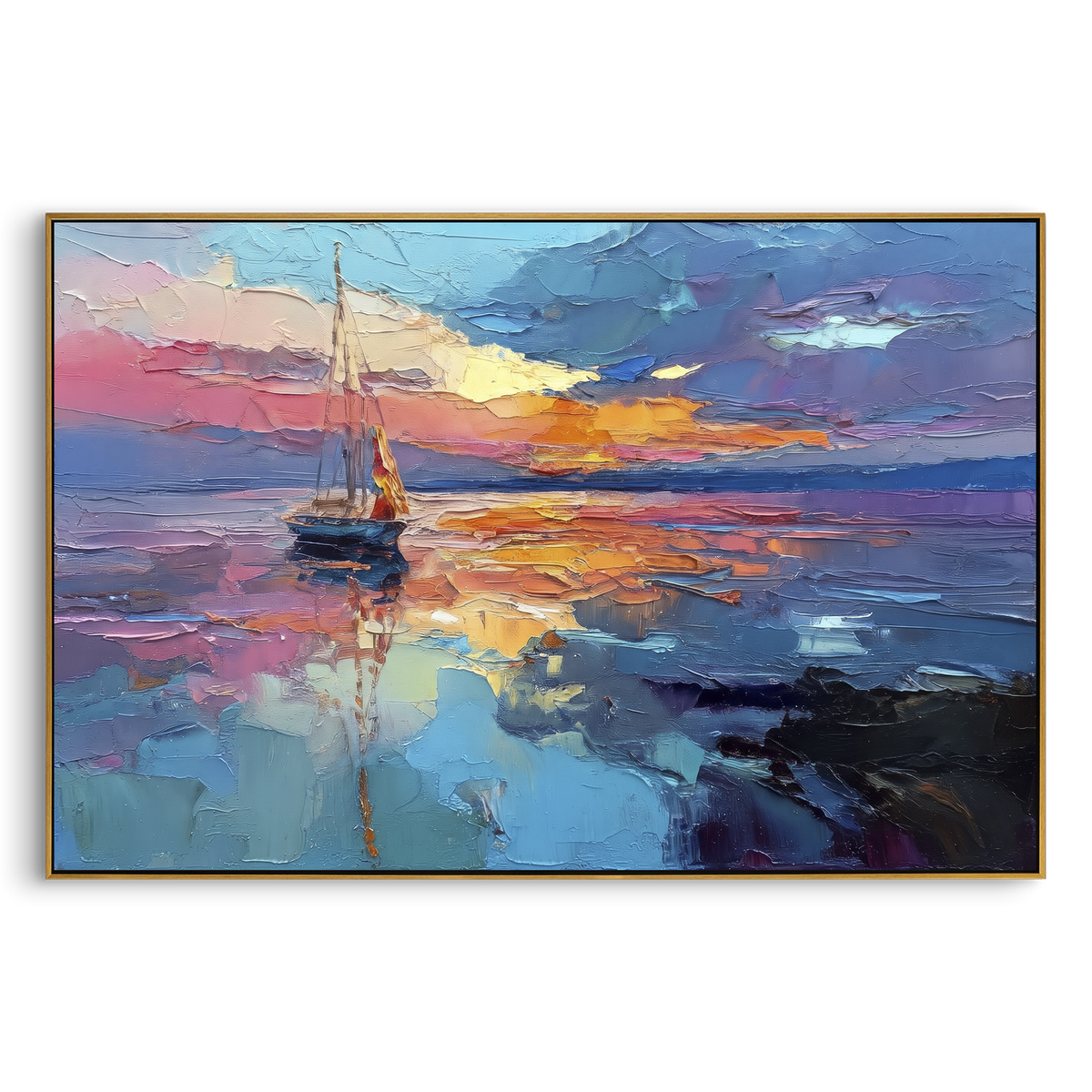 "Colorful Sunset Sailboat Painting" - Modern Heavy Impasto Coastal Landscape | Blue & White Palette Knife Painting | Luxury Horizontal Wall Art #PT 1135