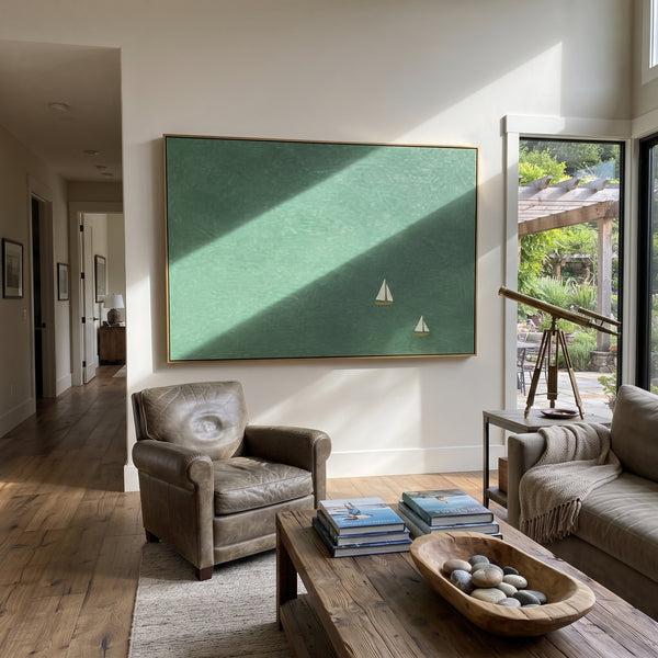 "Minimal Green Sailboats Painting" - Modern Heavy Impasto Coastal Landscape | Sage Green & White Palette Knife Painting | Luxury Horizontal Wall Art #PT 1136