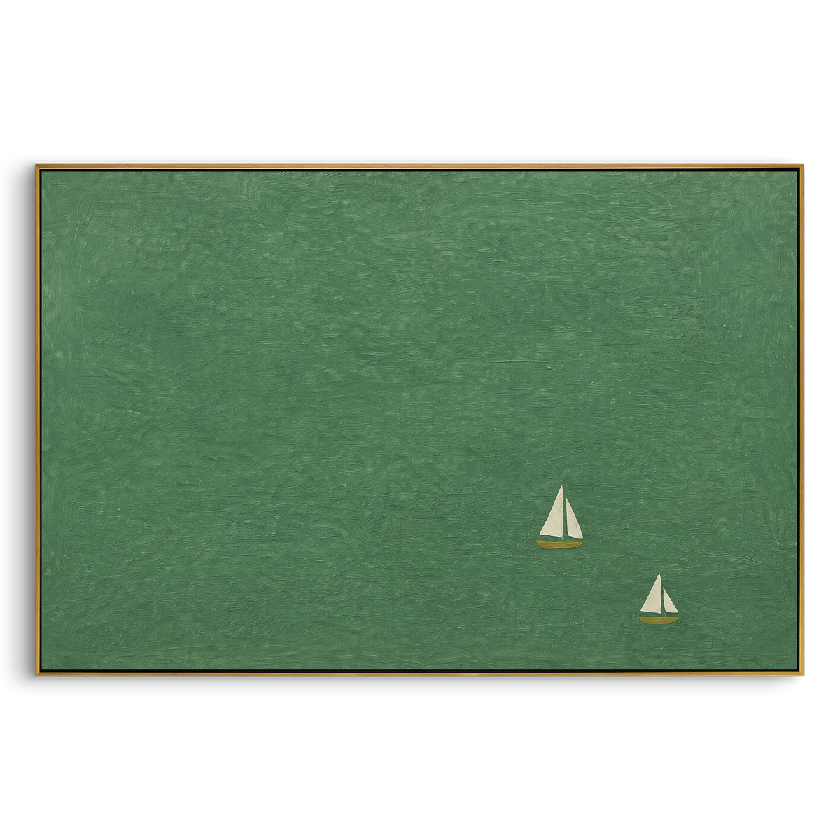 "Minimal Green Sailboats Painting" - Modern Heavy Impasto Coastal Landscape | Blue & White Palette Knife Painting | Luxury Horizontal Wall Art #PT 1136