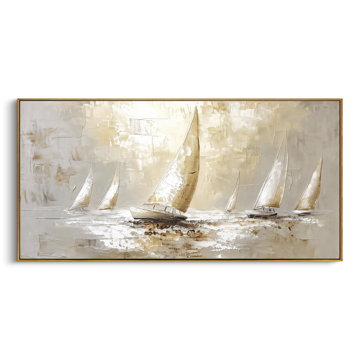 "Sailboat Fleet Painting" - Modern Heavy Impasto Coastal Landscape | Blue & White Palette Knife Painting | Luxury Horizontal Wall Art #PT 1137