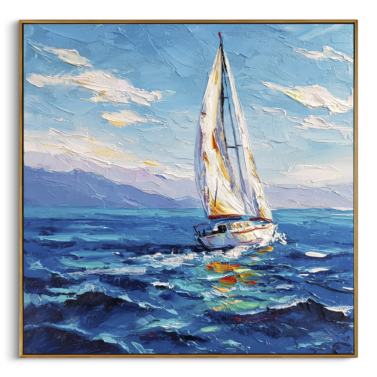 "Blue Ocean Sailboat Painting" - Modern Heavy Impasto Coastal Landscape | Blue & White Palette Knife Painting | Luxury Square Wall Art #PT 1138