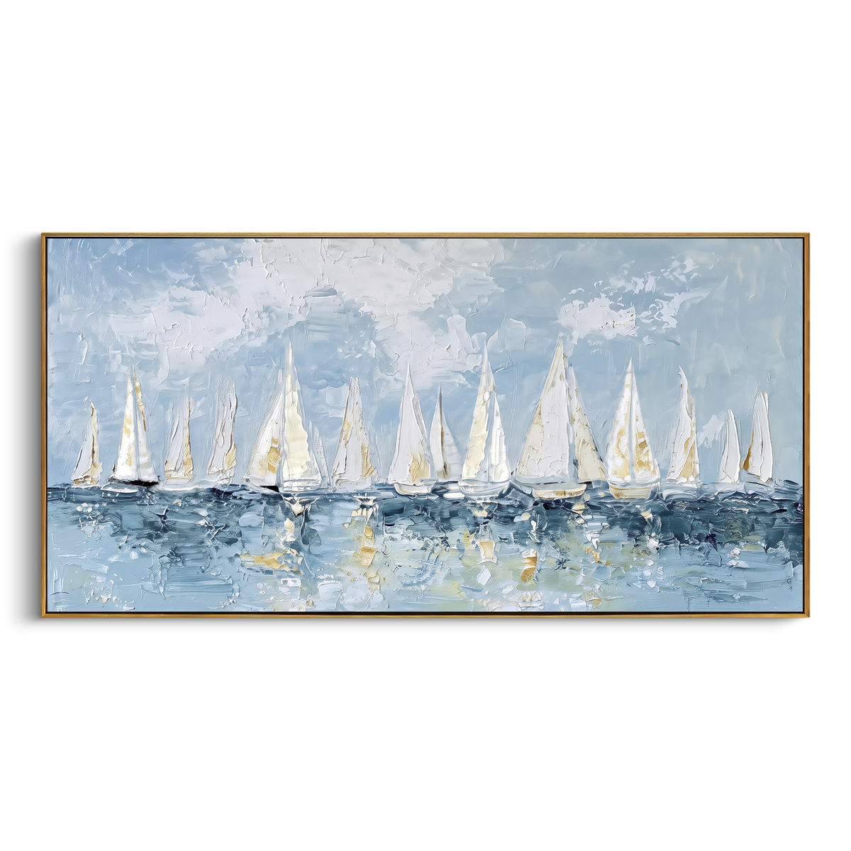 "White Sailboat Fleet Painting" - Modern Heavy Impasto Coastal Landscape | Blue & White Palette Knife Painting | Luxury Horizontal Wall Art #PT 1139