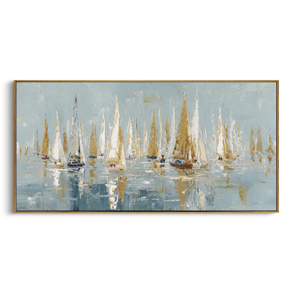 "Golden Sailboat Regatta Painting" - Modern Heavy Impasto Coastal Landscape | Blue & White Palette Knife Painting | Luxury Horizontal Wall Art #PT 1140