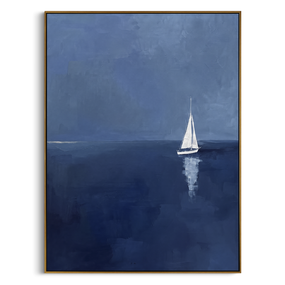 "Deep Blue Lone Sailboat Painting" - Modern Heavy Impasto Coastal Landscape | Blue & White Palette Knife Painting | Luxury Vertical Wall Art #PT 1141