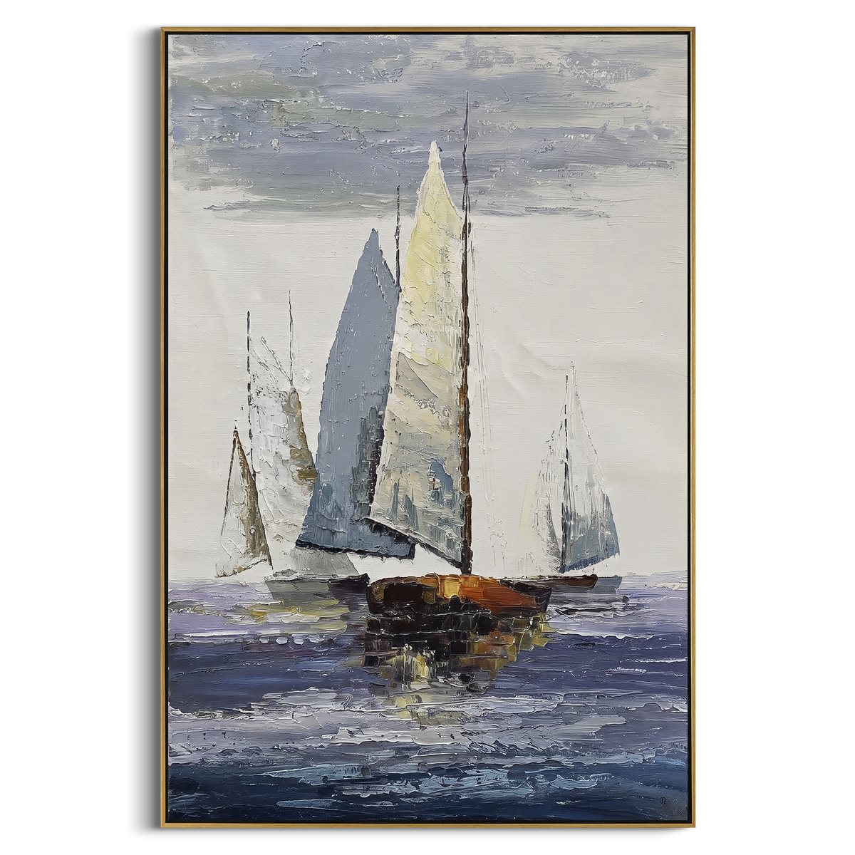 "Clustered Sailboats Harbor Painting" - Modern Heavy Impasto Coastal Landscape | Blue & White Palette Knife Painting | Luxury Vertical Wall Art #PT 1142