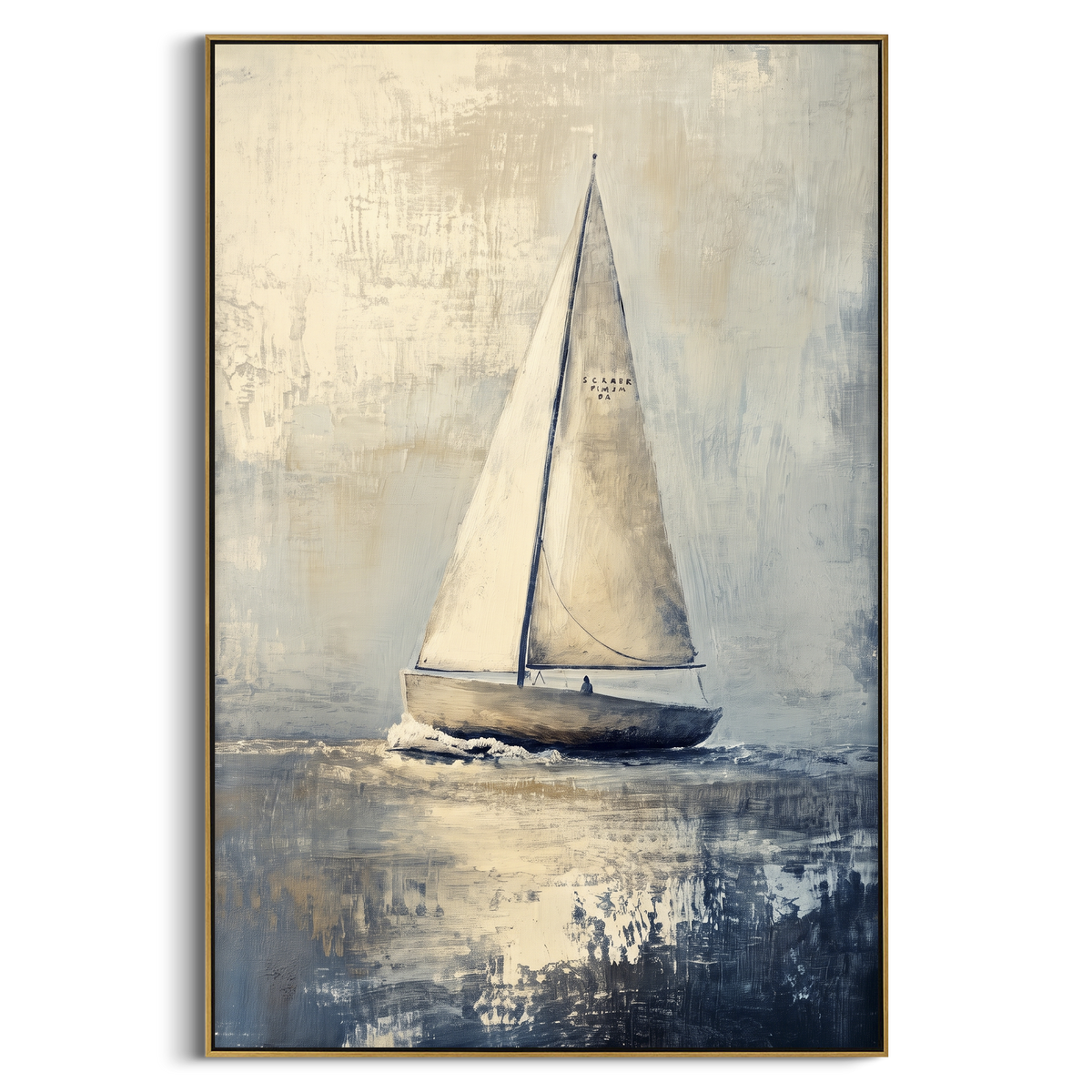 "Misty White Sailboat Painting" - Modern Heavy Impasto Coastal Landscape | Blue & White Palette Knife Painting | Luxury Vertical Wall Art #PT 1143