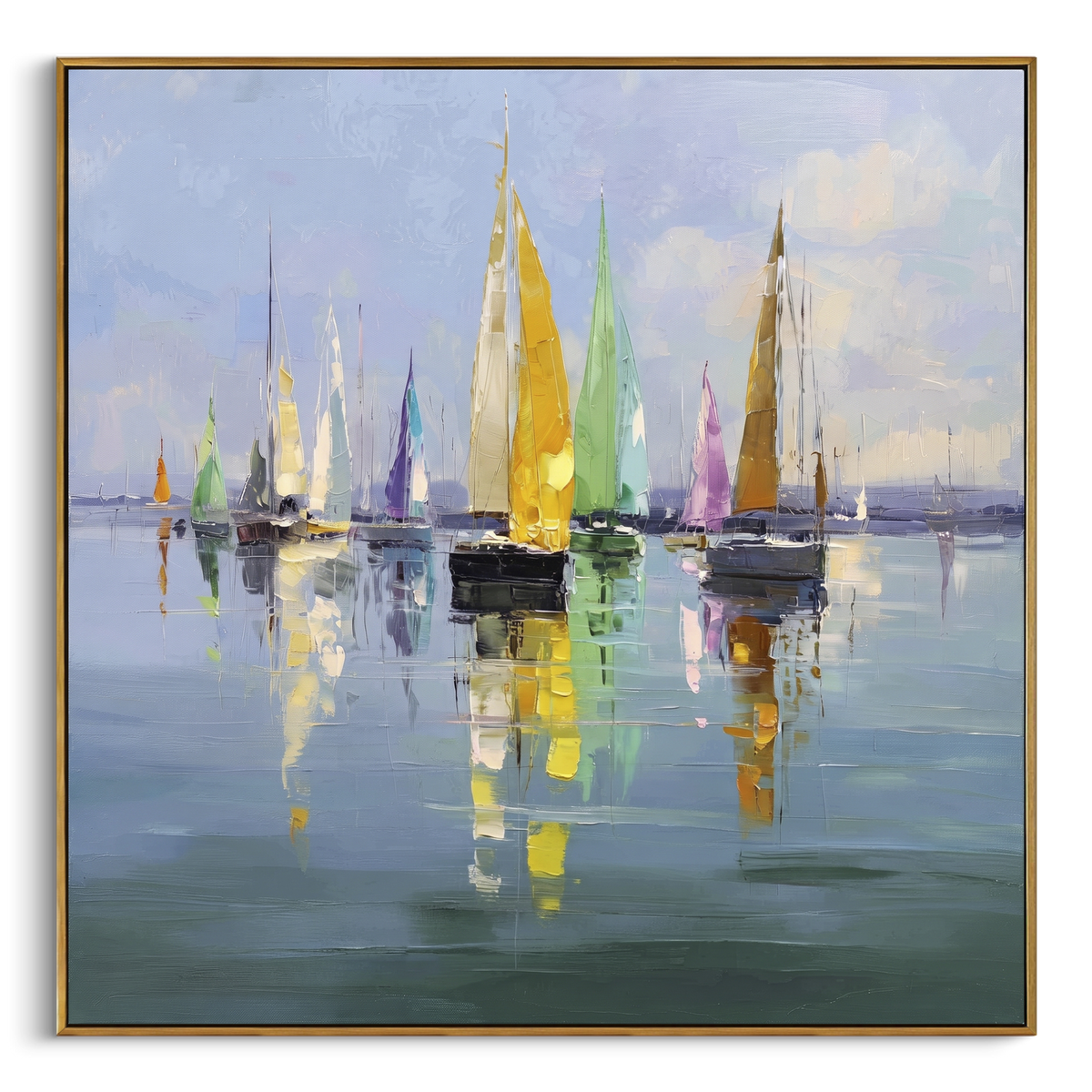 "Colorful Harbor Sailboats Painting" - Modern Heavy Impasto Coastal Landscape | Blue & White Palette Knife Painting | Luxury Square Wall Art #PT 1144