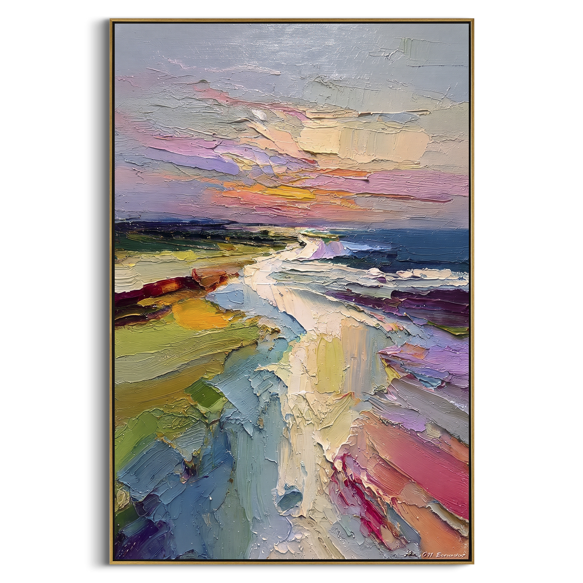 "Colorful Coastal Sunset Painting" - Modern Heavy Impasto Coastal Landscape | Blue & White Palette Knife Painting | Luxury Vertical Wall Art #PT 1145