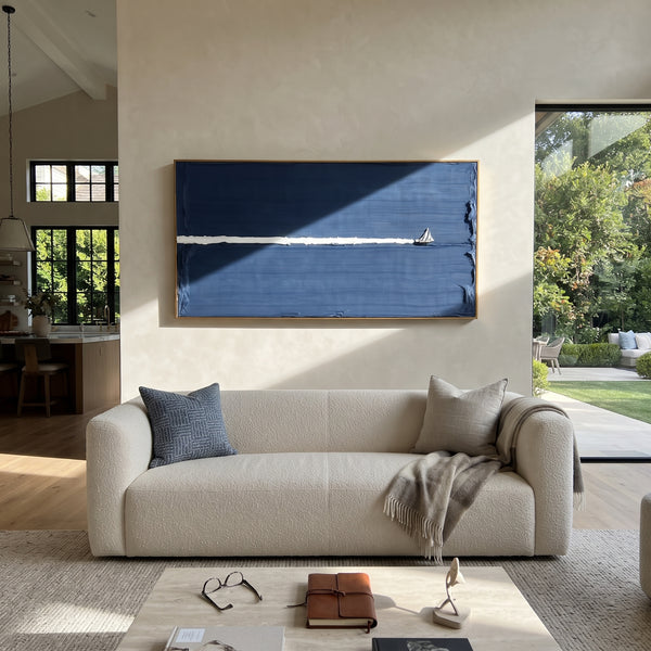 "Minimal Blue Sailboat Painting" - Modern Heavy Impasto Coastal Landscape | Blue & White Palette Knife Painting | Luxury Horizontal Wall Art #PT 1147