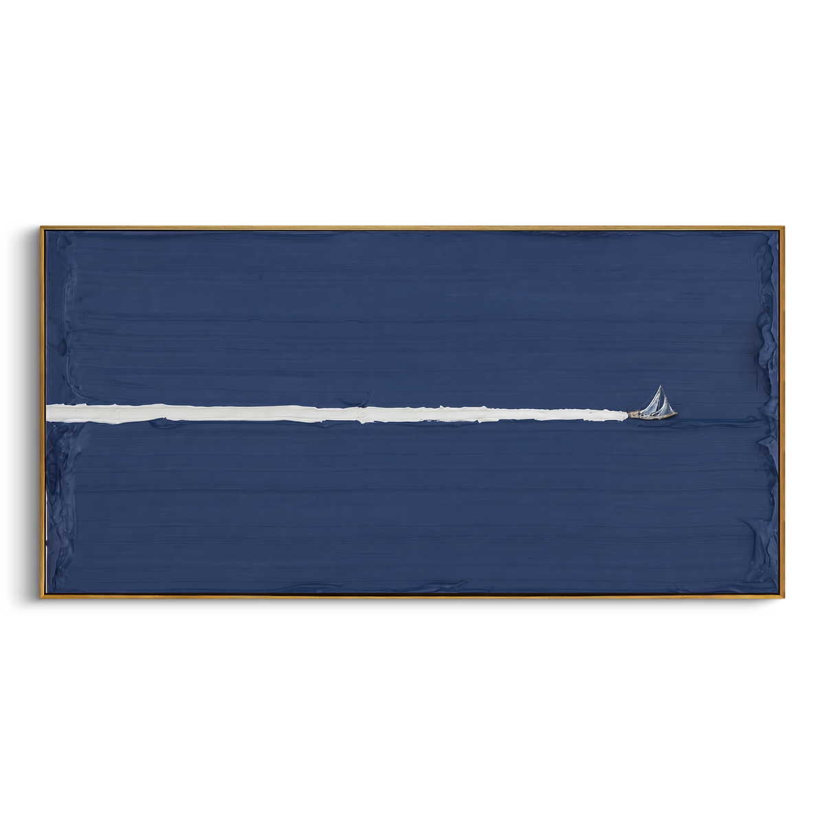 "Minimal Blue Sailboat Painting" - Modern Heavy Impasto Coastal Landscape | Blue & White Palette Knife Painting | Luxury Horizontal Wall Art #PT 1147