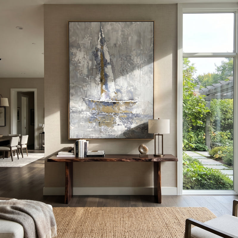 "Grey White Sailboat Painting" - Modern Heavy Impasto Coastal Landscape | Blue & White Palette Knife Painting | Luxury Vertical Wall Art #PT 1148
