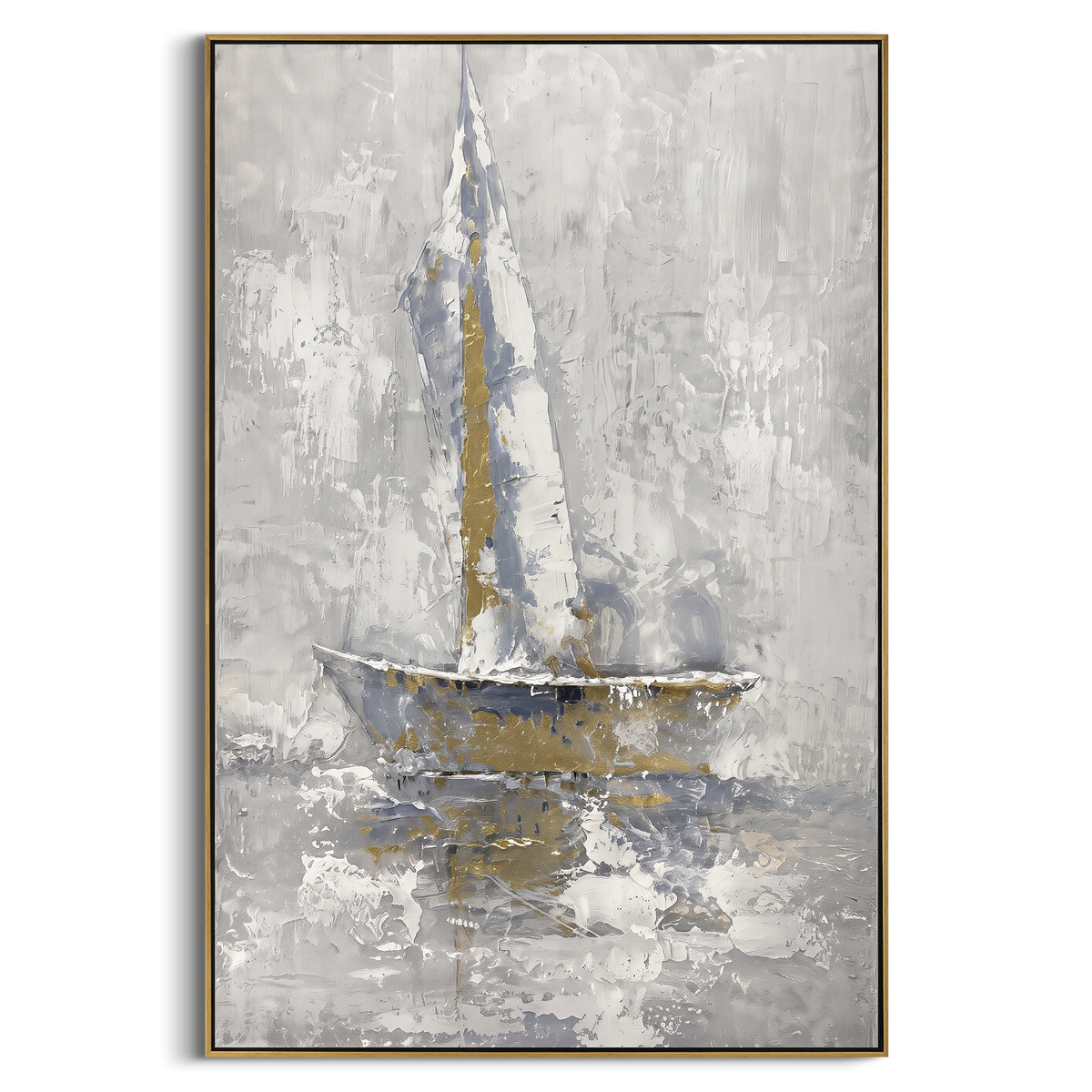 "Grey White Sailboat Painting" - Modern Heavy Impasto Coastal Landscape | Blue & White Palette Knife Painting | Luxury Vertical Wall Art #PT 1148